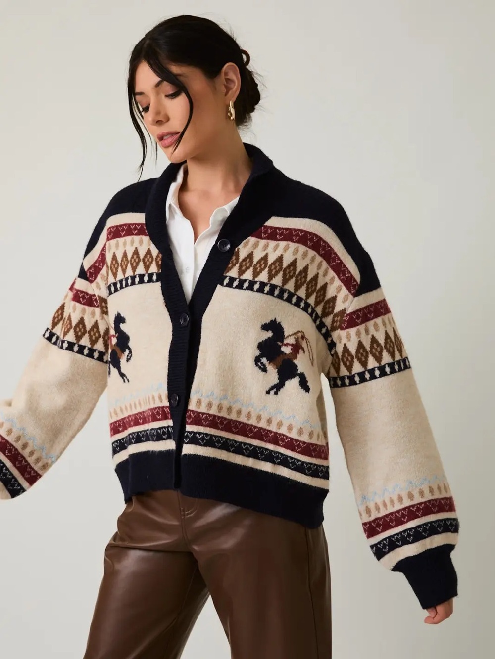 Sunday Edition Western Horse Fair Isle Cardigan Sweater Cowgirl Rodeo S Navy